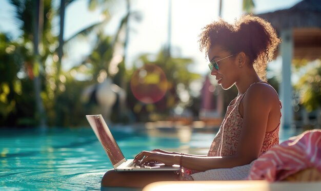 Mujer de plano medio trabajando junto a la piscina.
