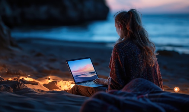 Mujer de plano medio trabajando en la playa.