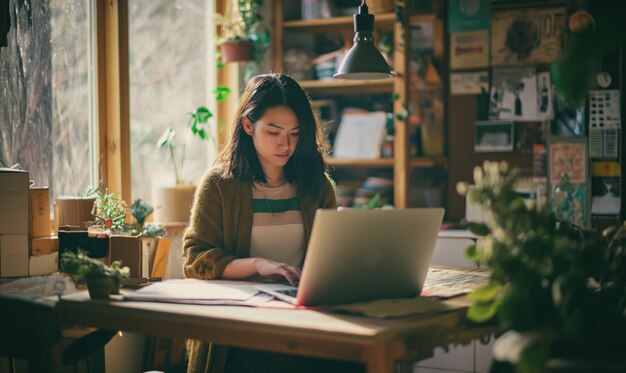 Mujer de plano medio viviendo como nómada digital