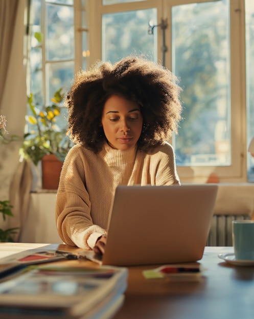 Mujer de plano medio viviendo como nómada digital