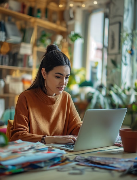 Mujer de plano medio viviendo como nómada digital