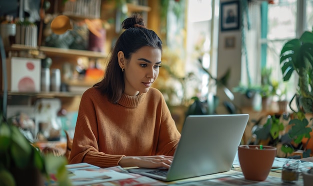 Mujer de plano medio viviendo como nómada digital