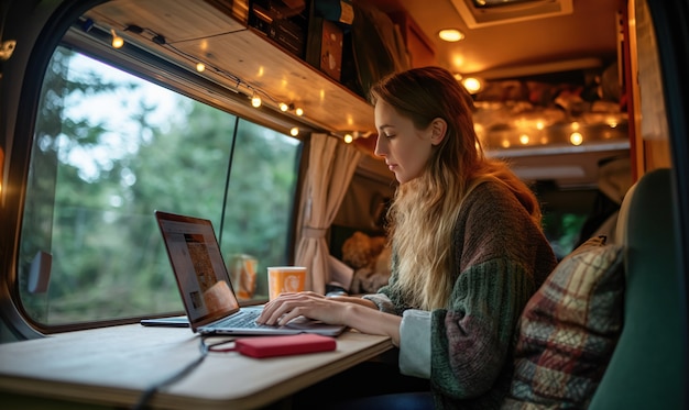 Foto gratuita mujer de plano medio viviendo como nómada digital