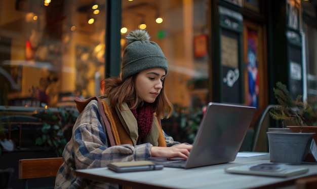 Mujer de plano medio viviendo como nómada digital