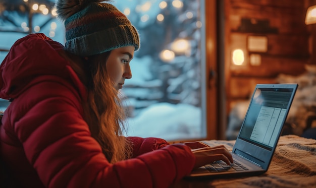 Mujer de plano medio viviendo como nómada digital