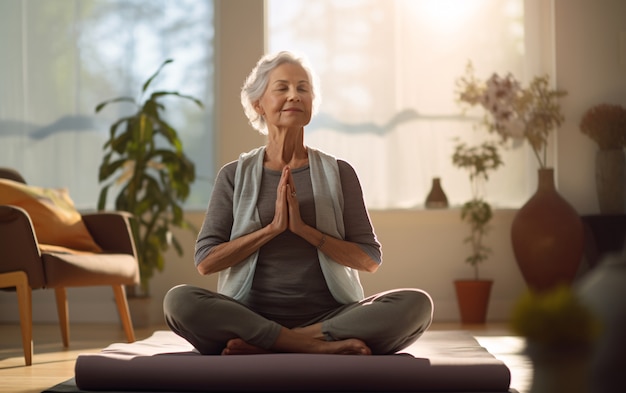 Mujer en plena sesión haciendo yoga