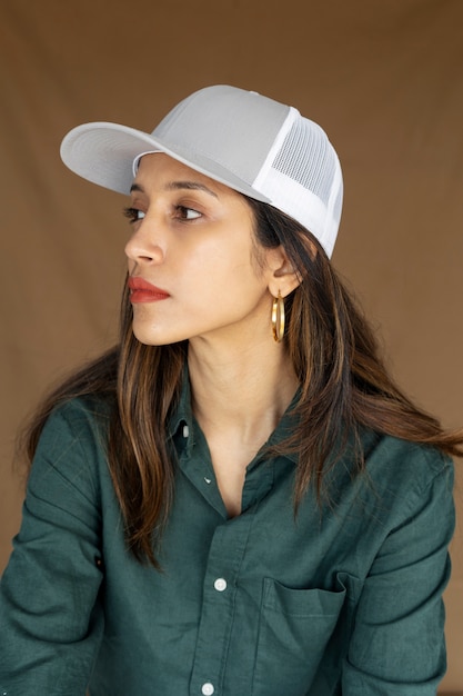 Foto gratuita mujer posando con gorra de camionero plano medio