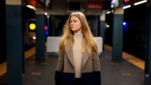 Foto gratuita mujer posando mientras viaja en el metro de la ciudad