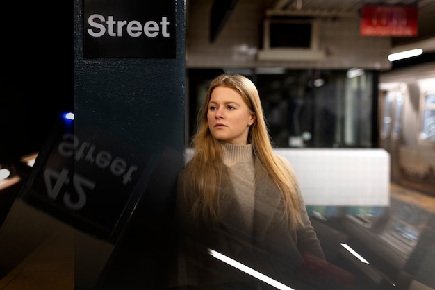 Foto gratuita mujer posando mientras viaja en el metro de la ciudad