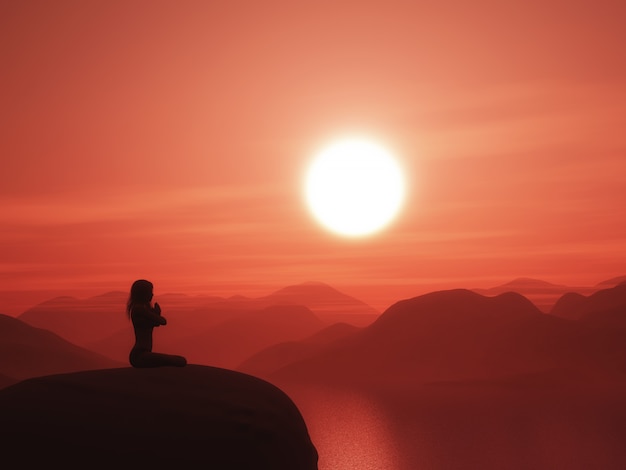 mujer en una pose de yoga contra un paisaje al atardecer