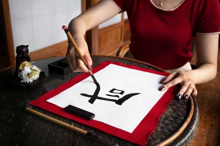 Foto gratuito mujer practicando escritura japonesa en interiores