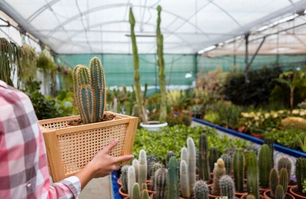 Mujer de primer plano con cesta con cactus