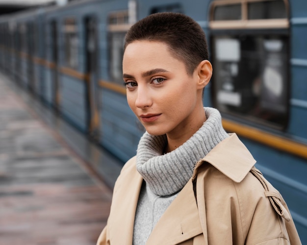 Foto gratuita mujer de primer plano en la estación de tren