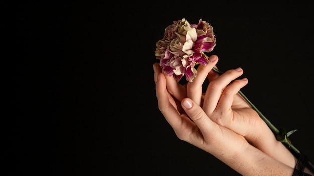 Mujer de primer plano sosteniendo una flor