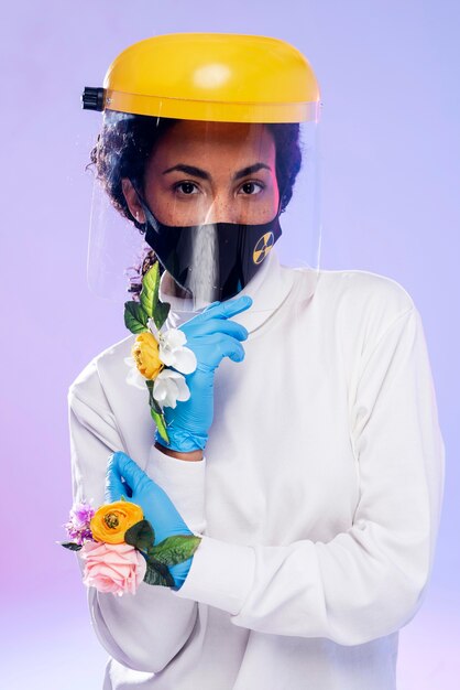 Mujer con protector facial y guantes florales