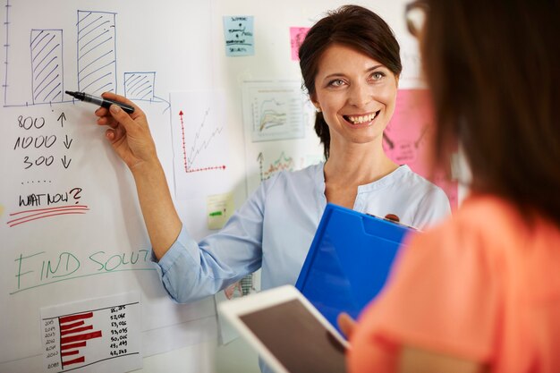 Mujer que presenta resultados del último mes