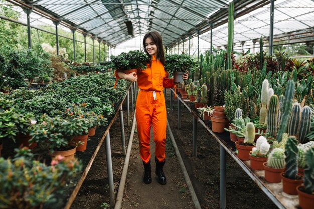 Mujer que sostiene las plantas en maceta en invernadero