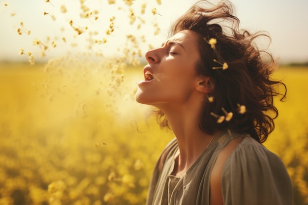Mujer que sufre de alergia por estar expuesta al polen de las flores al aire libre