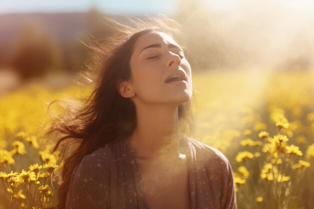 Mujer que sufre de alergia por estar expuesta al polen de las flores al aire libre