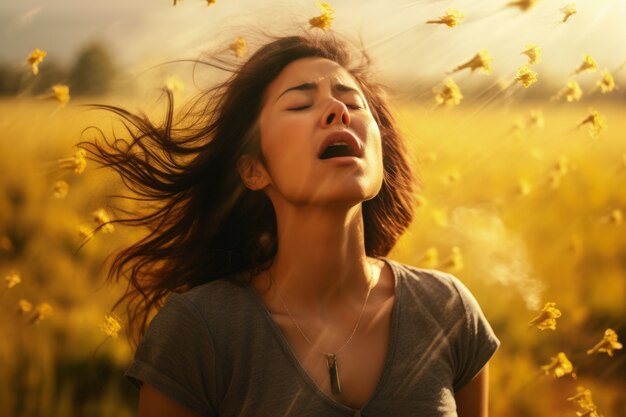 Mujer que sufre de alergia por estar expuesta al polen de las flores al aire libre