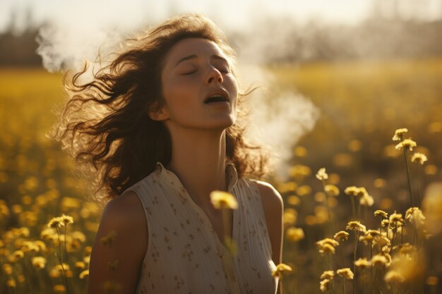 Mujer que sufre de alergia por estar expuesta al polen de las flores al aire libre