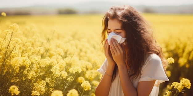 Mujer que sufre de alergia por estar expuesta al polen de las flores al aire libre