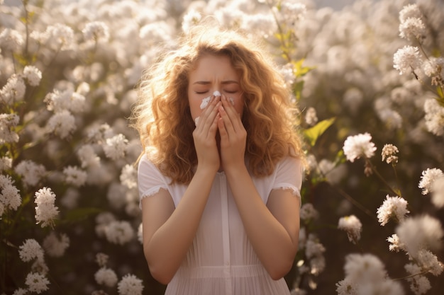 Mujer que sufre de alergia por estar expuesta al polen de las flores al aire libre