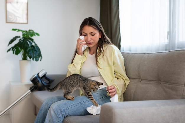 Foto gratuita mujer que sufre de alergia a las mascotas