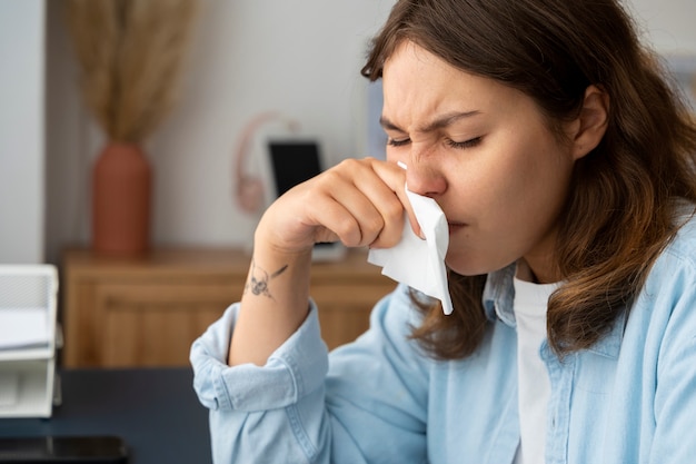 Mujer que sufre de alergia vista lateral