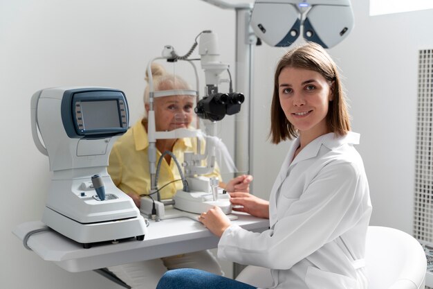 Mujer que tiene un control de la vista en una clínica de oftalmología