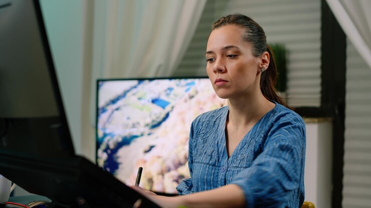 Foto gratuito mujer que trabaja como editora con tableta gráfica y lápiz mientras retoca imágenes en una computadora con pantalla táctil. fotógrafo que edita imágenes usando gadgets y tecnología. artista de fotografía
