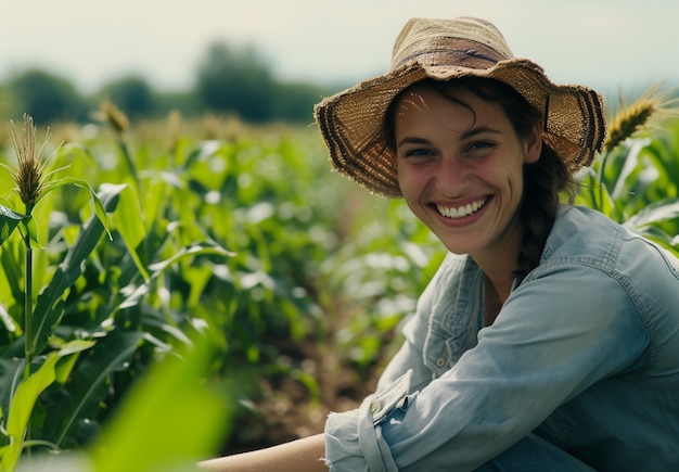 Mujer que trabaja en el sector agrícola y agrícola rural para celebrar a las mujeres en el campo de trabajo por el Día del Trabajo.