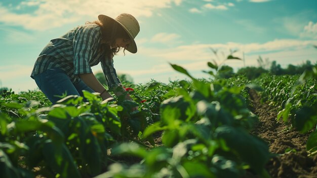 Mujer que trabaja en el sector agrícola y agrícola rural para celebrar a las mujeres en el campo de trabajo por el Día del Trabajo.