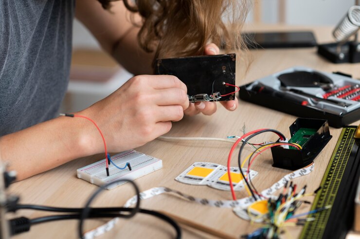 Foto gratuito mujer que trabaja en su taller para una invención creativa