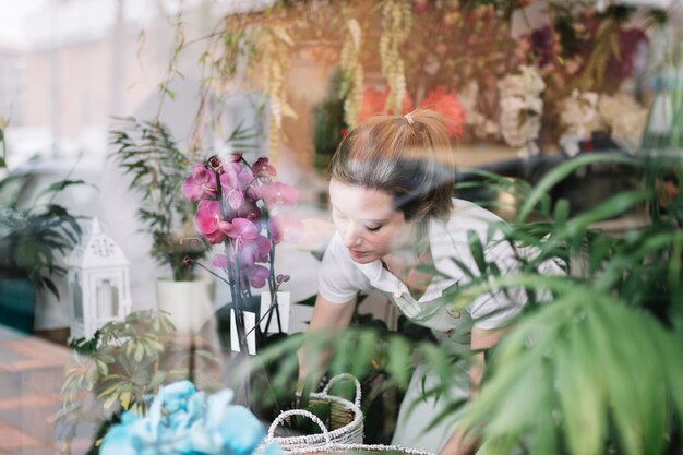 Mujer que trabaja en la tienda detrás de la ventana