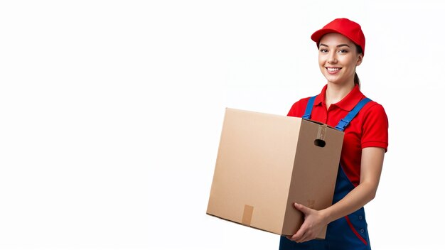 Mujer repartidora con una caja de cartón