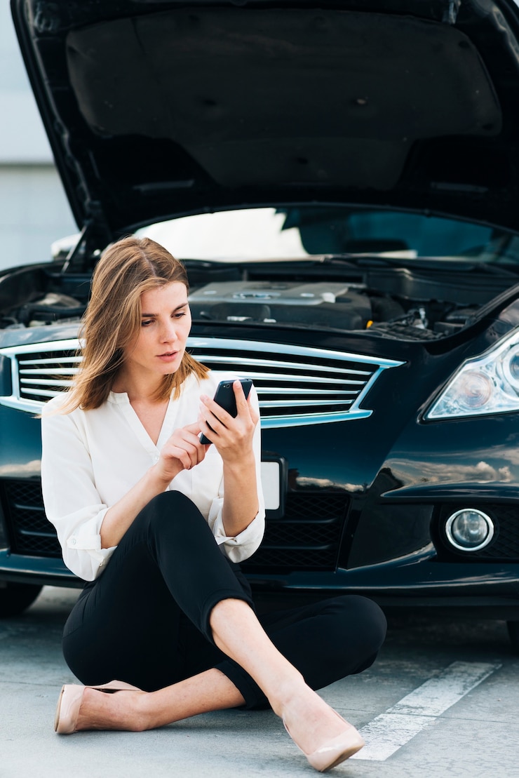 Foto gratuito mujer revisando su teléfono y auto negro