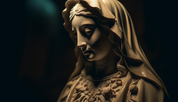 Una mujer rezando a Dios en una escultura generada por IA