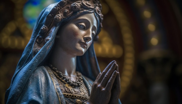 Foto gratuita mujer rezando iluminada por cruz en catedral generada por ia