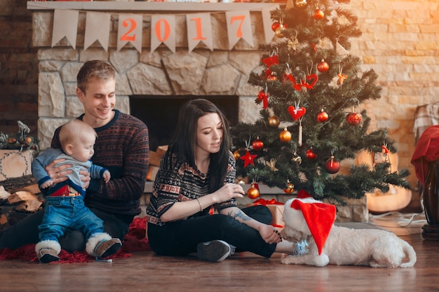 Mujer riendo al ver a su perro con el gorro de papa noel