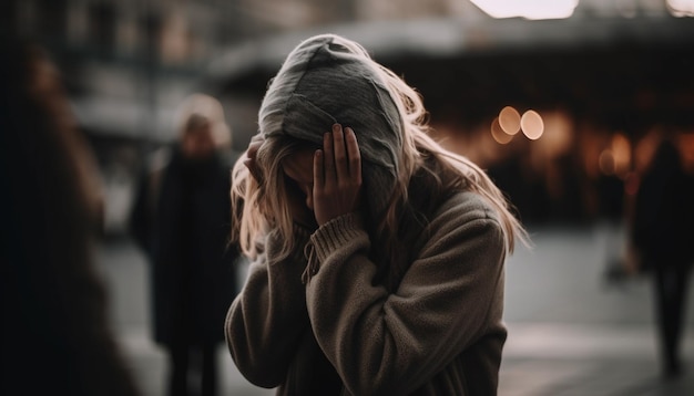 Foto gratuita una mujer con ropa abrigada caminando sola generada por ia