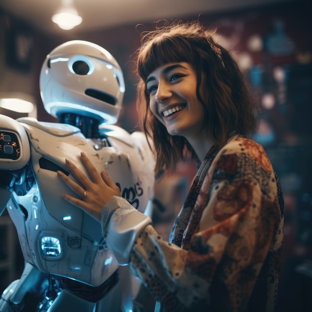 Foto gratuita una mujer saliendo con un robot.