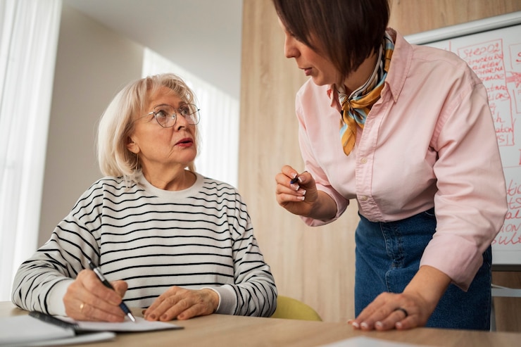 Foto gratuito mujer senior de ángulo bajo aprendiendo
