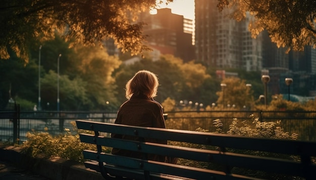 Foto gratuita una mujer sentada en un banco disfrutando del otoño generada por ia