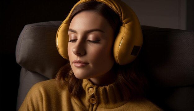 Mujer serena disfrutando de la música en cómodos auriculares generados por IA