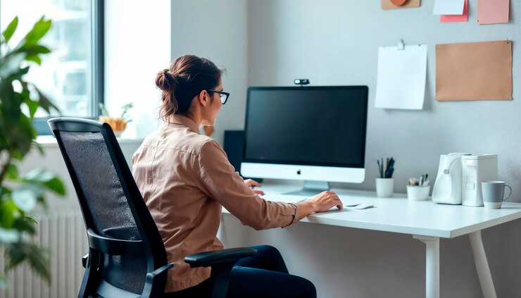 Foto gratuito una mujer se sienta en un escritorio frente a un monitor de manzana.