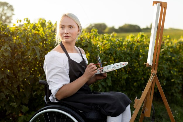 Mujer en silla de ruedas con lienzo y paleta exterior