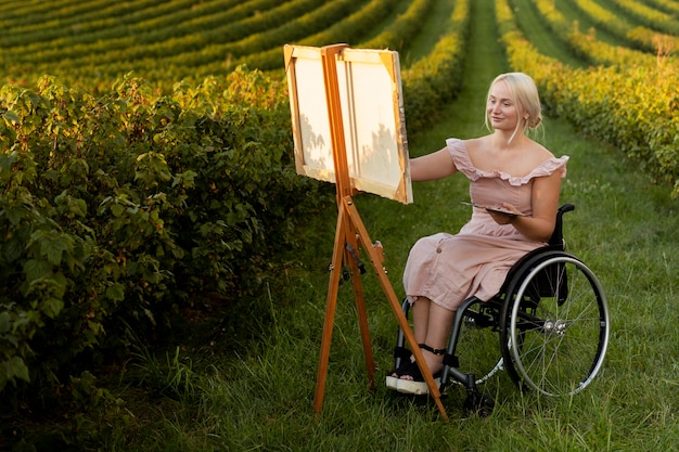 Mujer, en, silla de ruedas, pintura, exterior