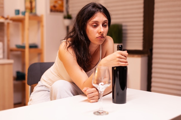 Mujer solitaria sosteniendo una botella de vino tinto