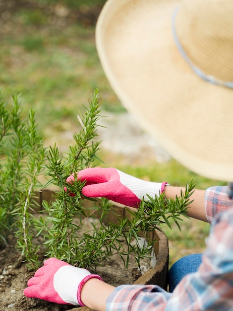 Foto gratuita mujer con sombrero cuidando su jardín